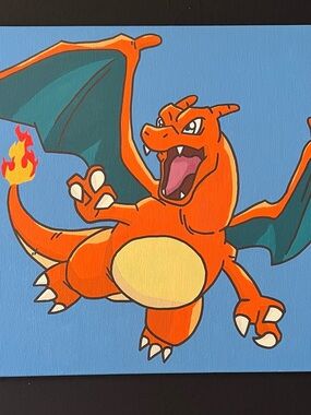 Hand Painted Charizard Canvas Art - Orange Dragon Illustration